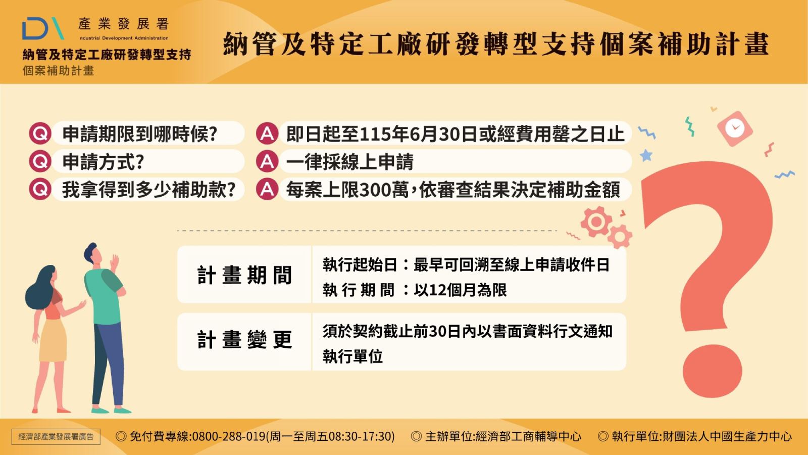 納管及特定工廠研發轉型支持個案補助計畫 申請期限:即日起至115年6月30日或經費用罄之日止 申請方式:一律採線上申請 每案上限300萬,依審查結果決定補助金額 計畫期間:執行起始日最早可回溯至線上申請收件日,執行期間以12個月為限 計畫變更:須於契約截止前30日內以書面資料行文通知執行單位