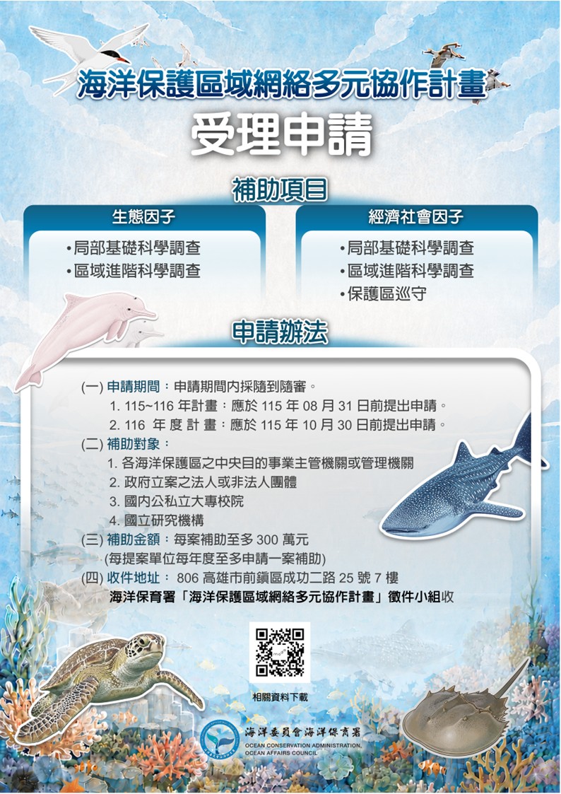海洋保育署舉辦「海洋保護區域網絡多元協作計畫」徵件相關資訊 主視覺圖片
